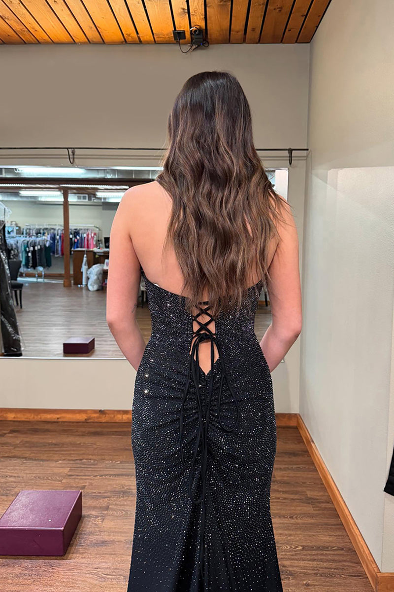 Load image into Gallery viewer, Sparkly Black Beaded Halter Neck Mermaid Long Prom Dress with Slit