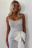 Load image into Gallery viewer, Sparkly White Beaded Pearls Sheath Long Prom Dress with Bow