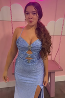 Load image into Gallery viewer, Sparkly Blue Beaded Halter Mermaid Long Prom Dress with Keyhole