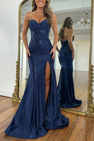 Load image into Gallery viewer, Sparkly Navy Beaded Sweetheart Mermaid Long Corset Prom Dress with Slit