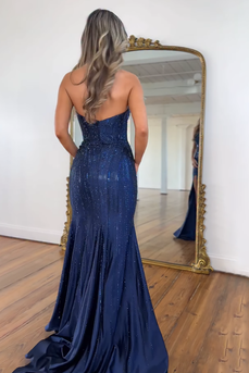 Sparkly Navy Beaded Sweetheart Mermaid Long Corset Prom Dress with Slit