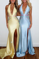Load image into Gallery viewer, Sparkly Yellow Floral Halter Mermaid Long Prom Dress with Slit