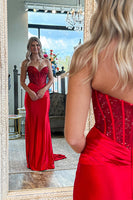 Load image into Gallery viewer, Sparkly Red Sweetheart Beaded Sheath Corset Long Prom Dress