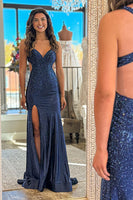 Load image into Gallery viewer, Sparkly Navy Beaded Cut Out Sheath Long Prom Dress with Slit