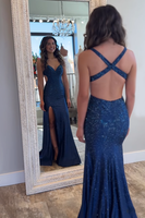 Load image into Gallery viewer, Sparkly Navy Beaded Cut Out Sheath Long Prom Dress with Slit