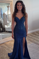 Load image into Gallery viewer, Sparkly Navy Beaded Cut Out Sheath Long Prom Dress with Slit