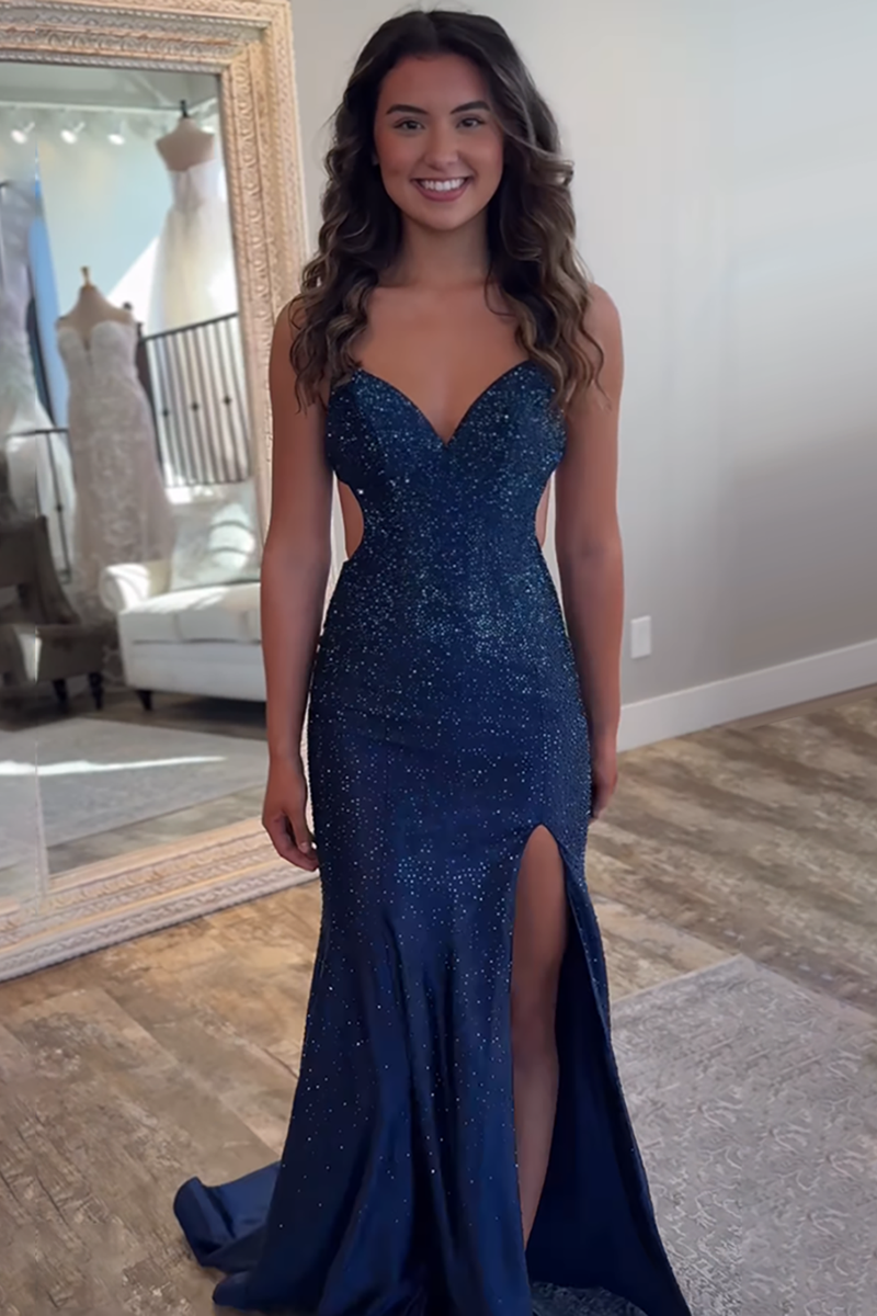 Load image into Gallery viewer, Sparkly Navy Beaded Cut Out Sheath Long Prom Dress with Slit