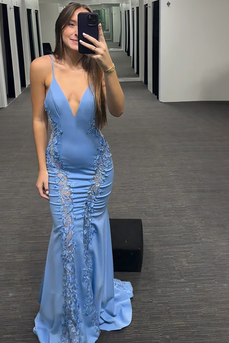 Blue Appliqued Deep V Neck Mermaid Long Prom Dress