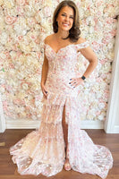 Load image into Gallery viewer, Pink Flower Off the Shoulder Ruffled Long Corset Prom Dress with Slit