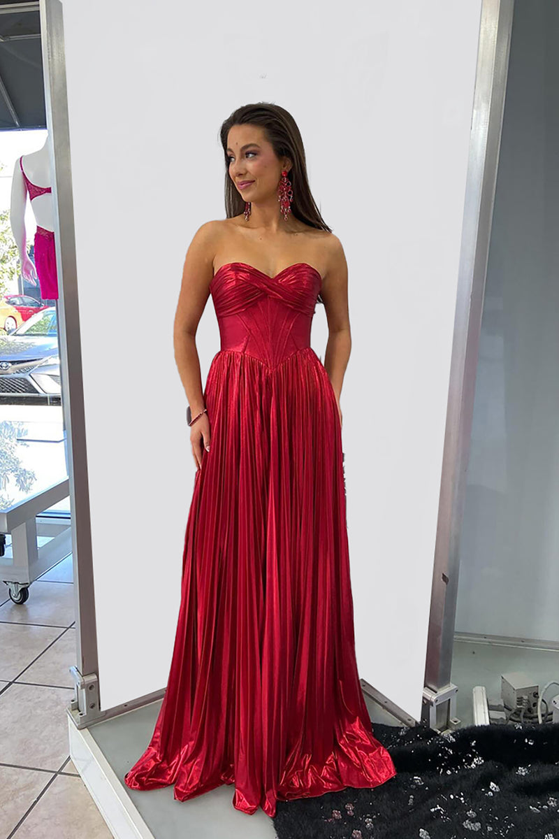 Load image into Gallery viewer, Sparkly Red Metallic Strapless Long Corset Prom Dress