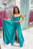 Load image into Gallery viewer, Sparkly Peacock Green Metallic Sweetheart Long Prom Dress with Slit