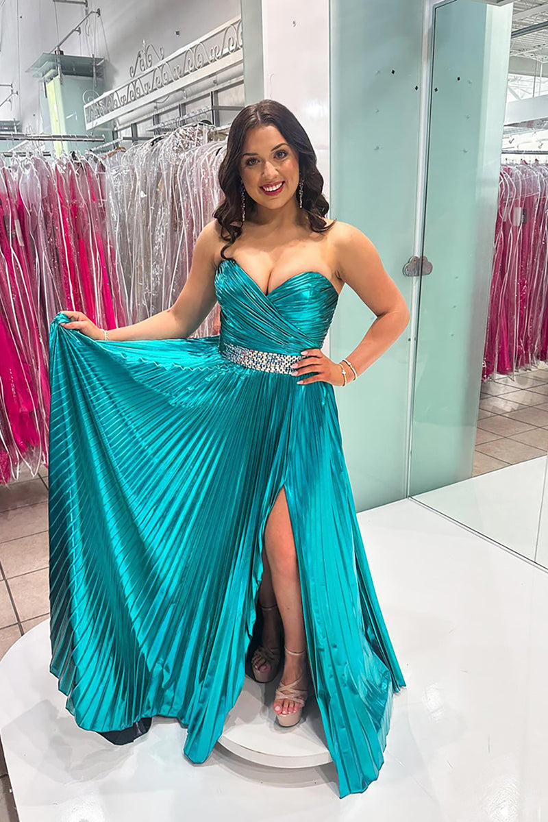 Load image into Gallery viewer, Sparkly Peacock Green Metallic Sweetheart Long Prom Dress with Slit