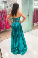 Load image into Gallery viewer, Sparkly Peacock Green Metallic Sweetheart Long Prom Dress with Slit