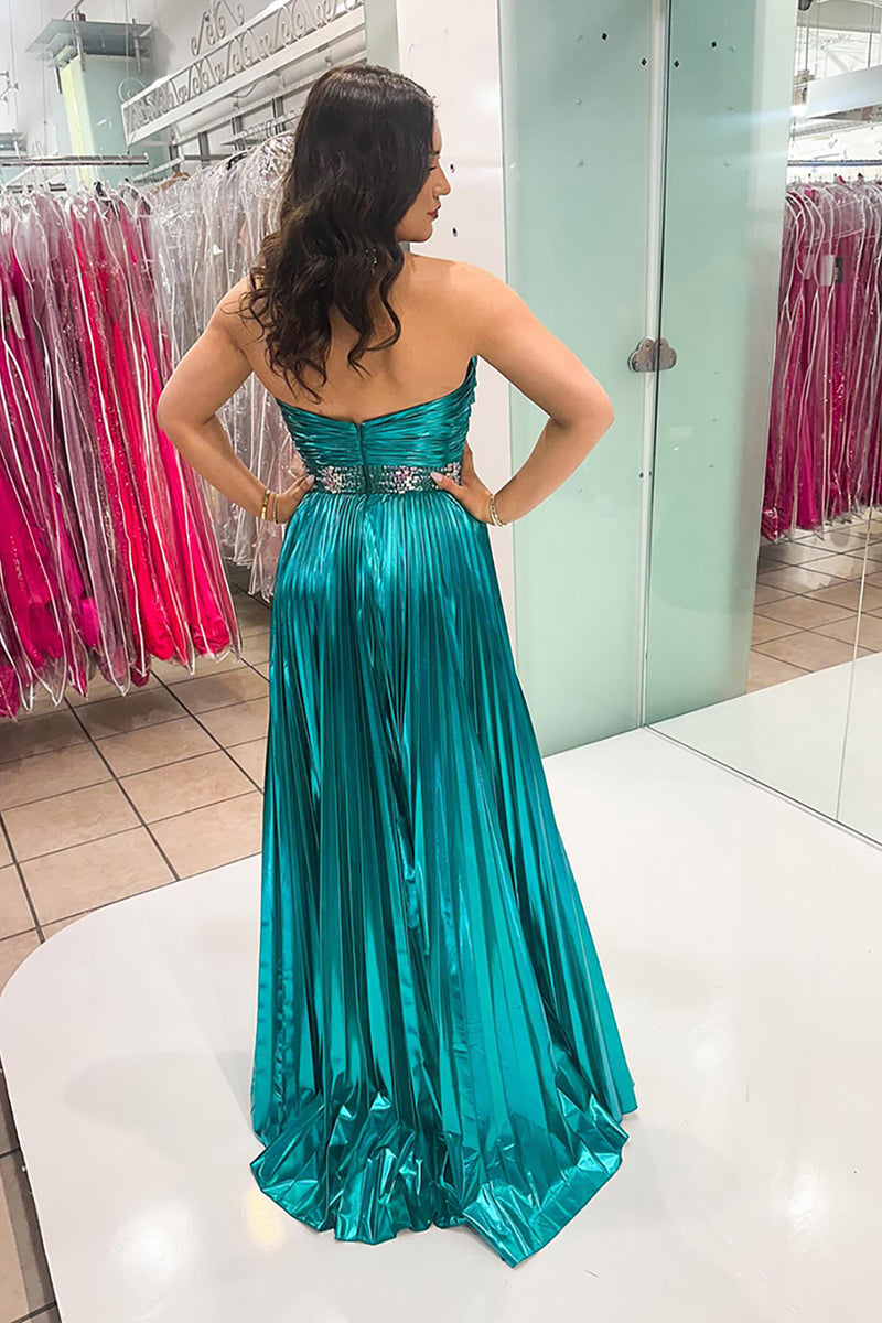 Load image into Gallery viewer, Sparkly Peacock Green Metallic Sweetheart Long Prom Dress with Slit