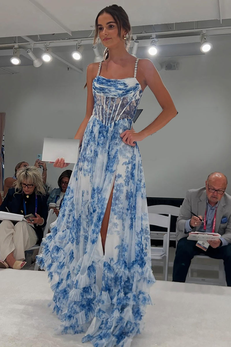Load image into Gallery viewer, Blue Floral Ruffled Spaghetti Straps Long Corset Prom Dress with Slit