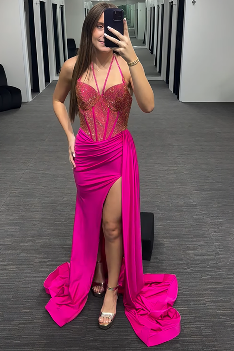 Load image into Gallery viewer, Sparkly Fuchsia Beaded Mermaid Long Corset Prom Dress with Slit