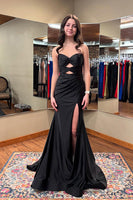 Load image into Gallery viewer, Black Satin Sweetheart Mermaid Long Prom Dress with Keyhole