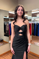 Load image into Gallery viewer, Black Satin Sweetheart Mermaid Long Prom Dress with Keyhole