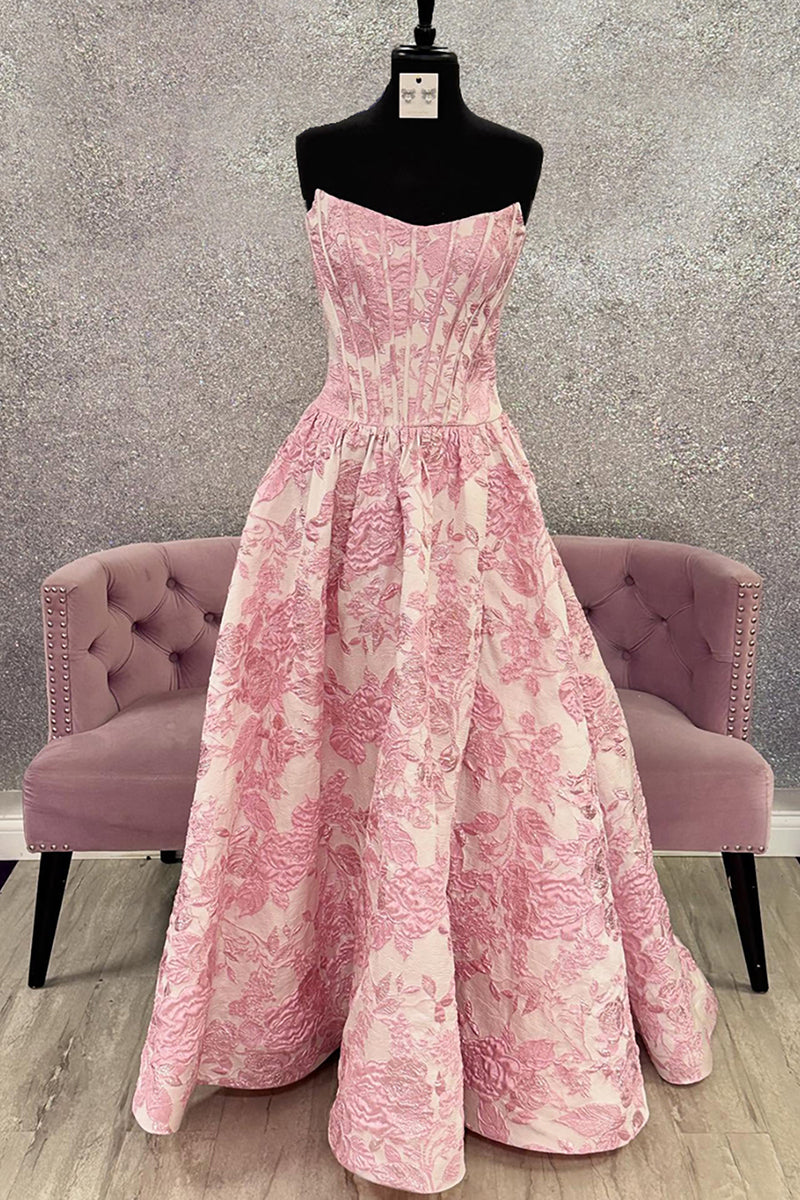Load image into Gallery viewer, Pink Floral Strapless Jacquard A Line Long Corset Prom Dress