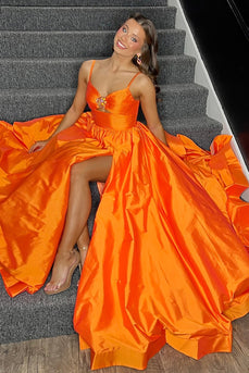 Sparkly Orange Spaghetti Straps A Line Long Prom Dress with Keyhole