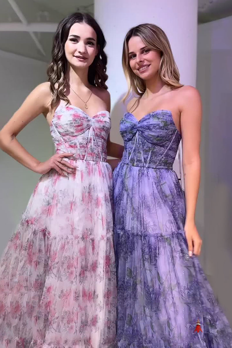 Load image into Gallery viewer, Sparkly Pink Floral Strapless A Line Long Corset Prom Dress