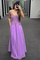 Load image into Gallery viewer, Purple Spaghetti Straps Appliqued A Line Long Prom Dress