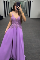 Load image into Gallery viewer, Purple Spaghetti Straps Appliqued A Line Long Prom Dress