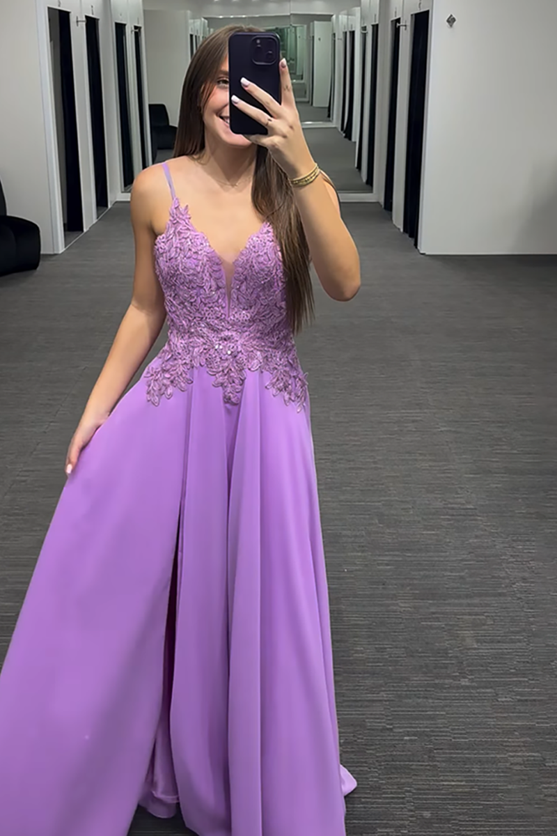 Load image into Gallery viewer, Purple Spaghetti Straps Appliqued A Line Long Prom Dress