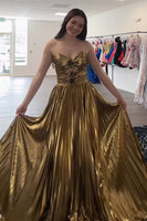 Load image into Gallery viewer, Sparkly Gold Metallic Sweetheart A Line Long Prom Dress with Keyhole