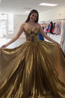 Load image into Gallery viewer, Sparkly Gold Metallic Sweetheart A Line Long Prom Dress with Keyhole