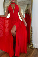 Load image into Gallery viewer, Red Chiffon Neck Scarf Pleated Long Prom Dress with Slit