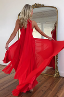 Load image into Gallery viewer, Red Chiffon Neck Scarf Pleated Long Prom Dress with Slit
