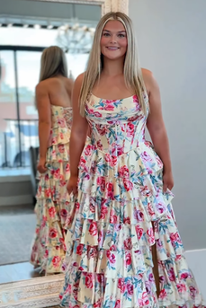 Yellow Floral Ruffled Strapless Long Corset Prom Dress with Slit