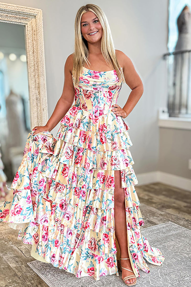 Load image into Gallery viewer, Yellow Floral Ruffled Strapless Long Corset Prom Dress with Slit