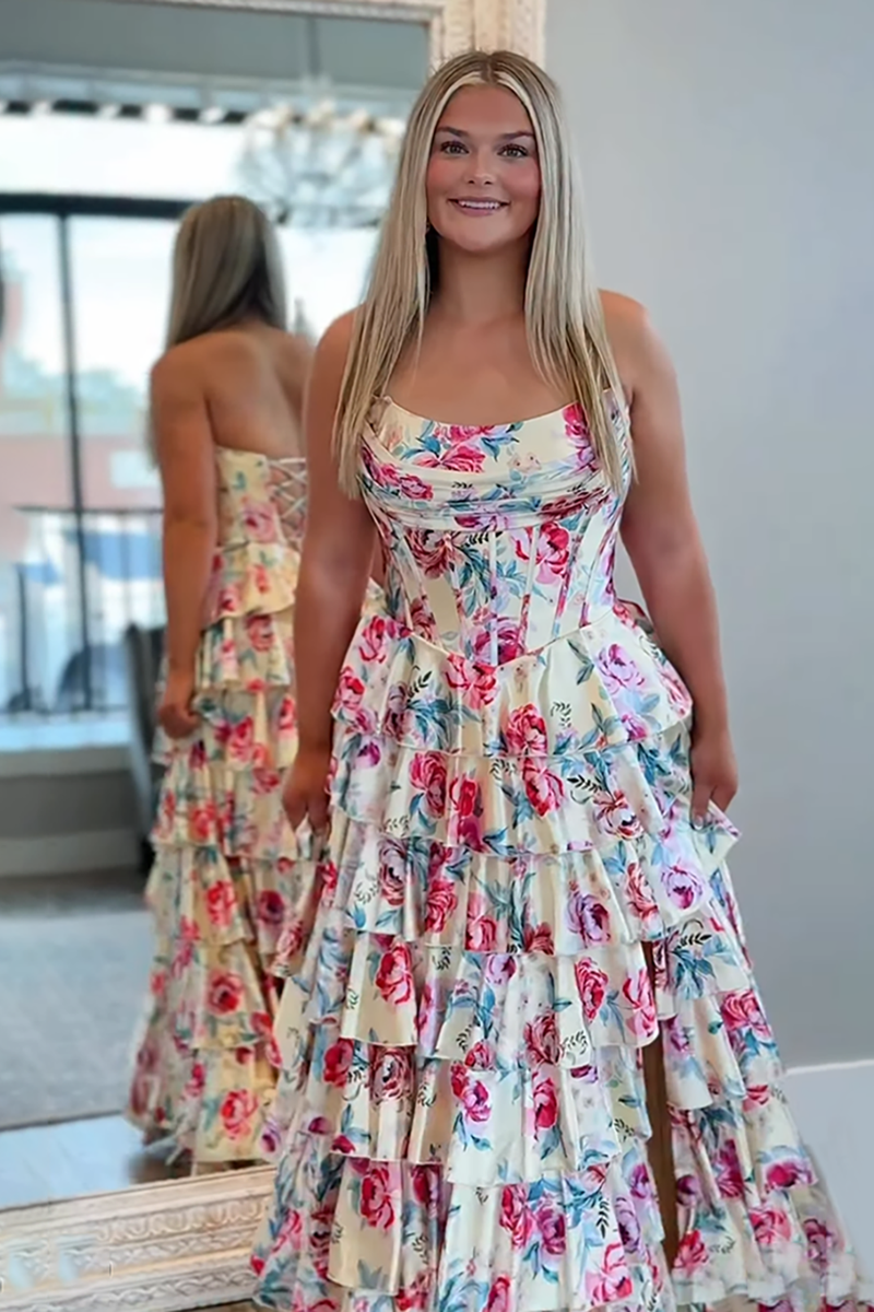 Load image into Gallery viewer, Yellow Floral Ruffled Strapless Long Corset Prom Dress with Slit