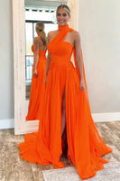 Load image into Gallery viewer, Sparkly Orange Neck Scarf A Line Long Prom Dress with Slit