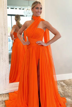 Sparkly Orange Neck Scarf A Line Long Prom Dress with Slit