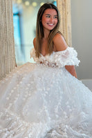 Load image into Gallery viewer, Sparkly White Floral Off the Shoulder A Line Long Corset Prom Dress