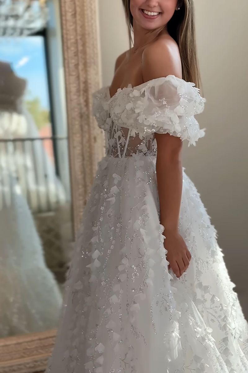 Load image into Gallery viewer, Sparkly White Floral Off the Shoulder A Line Long Corset Prom Dress