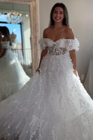 Load image into Gallery viewer, Sparkly White Floral Off the Shoulder A Line Long Corset Prom Dress