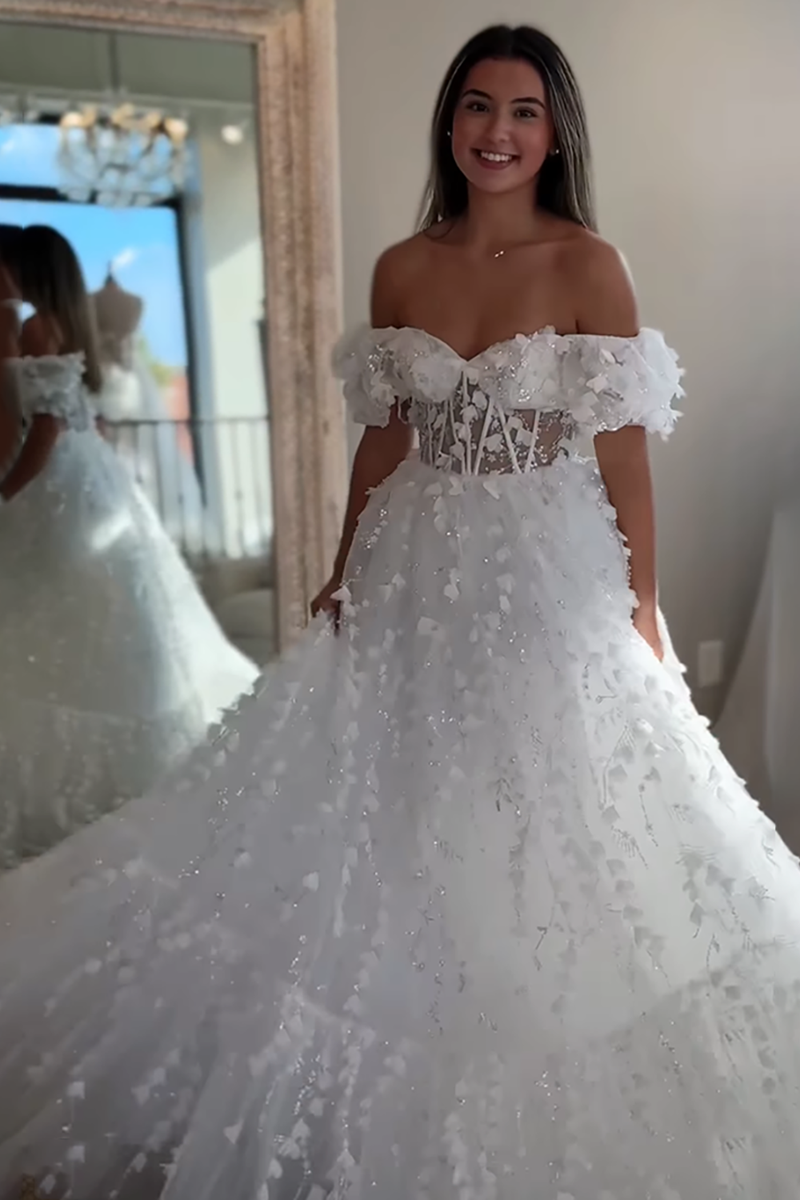 Load image into Gallery viewer, Sparkly White Floral Off the Shoulder A Line Long Corset Prom Dress