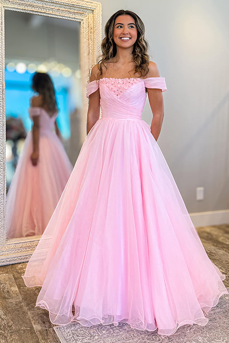 Load image into Gallery viewer, Sparkly Pink Tulle A Line Off the Shoulder Long Prom Dress