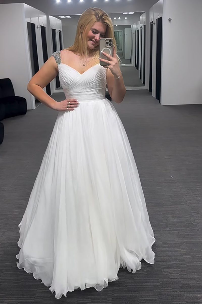 Load image into Gallery viewer, Sparkly White Tulle Beaded Thick Straps Long Prom Dress