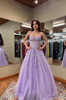 Load image into Gallery viewer, Purple Appliqued Sweetheart A Line Long Corset Prom Dress