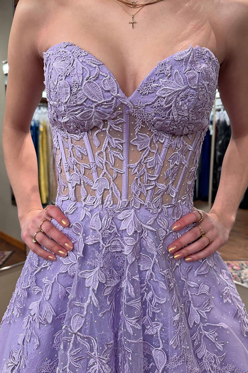 Load image into Gallery viewer, Purple Appliqued Sweetheart A Line Long Corset Prom Dress