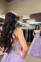 Load image into Gallery viewer, Purple Appliqued Sweetheart A Line Long Corset Prom Dress