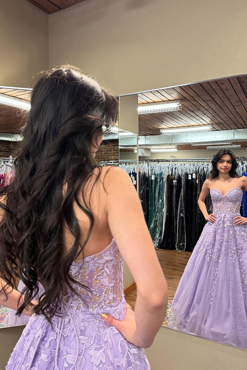 Load image into Gallery viewer, Purple Appliqued Sweetheart A Line Long Corset Prom Dress