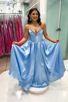 Load image into Gallery viewer, Sparkly Light Blue Sweetheart Long Corset Prom Dress with Slit