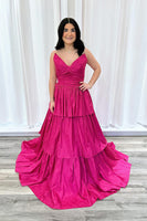 Load image into Gallery viewer, Fuchsia Strapless A Line Tiered Long Prom Dress with Bow