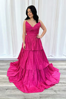 Load image into Gallery viewer, Fuchsia Strapless A Line Tiered Long Prom Dress with Bow